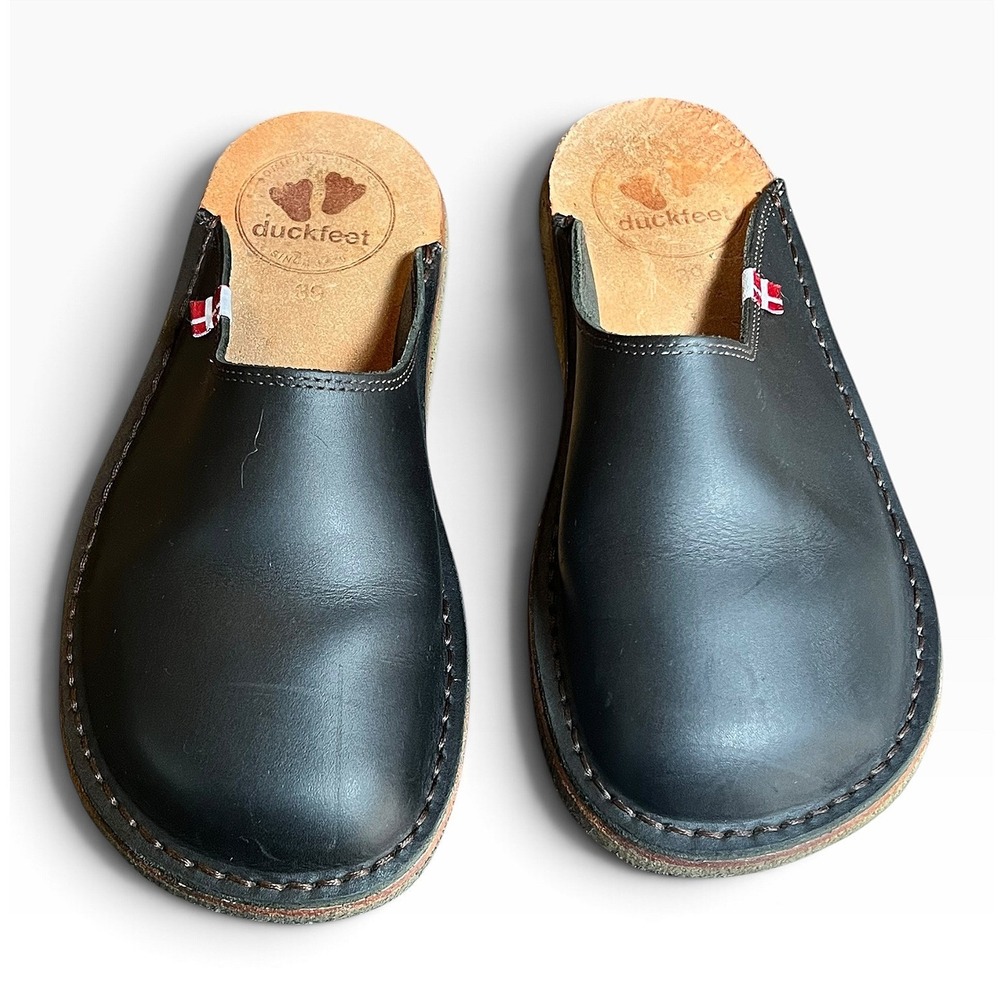 Duckfeet Blavand Black Leather Mules Clogs Danish Design Sz 39 EU